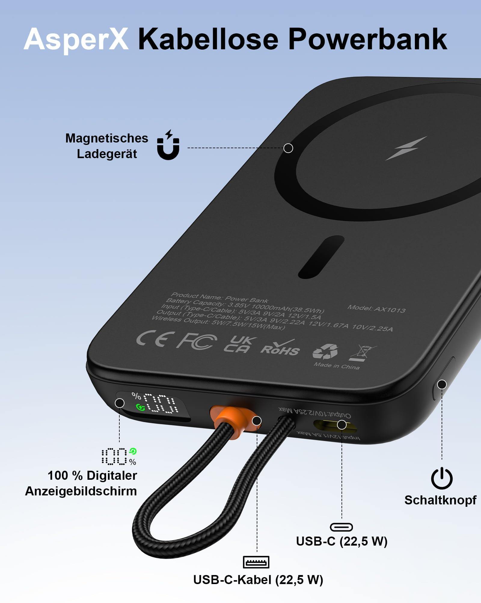 AsperX Powerbank Magsafe,10000mAh 22.5W PD USB-C Kabel Schnellladen, LED-Display+Kompatibel mit iPhone 17/16/15/14/13/12/11Serie für 18€ (-25%)