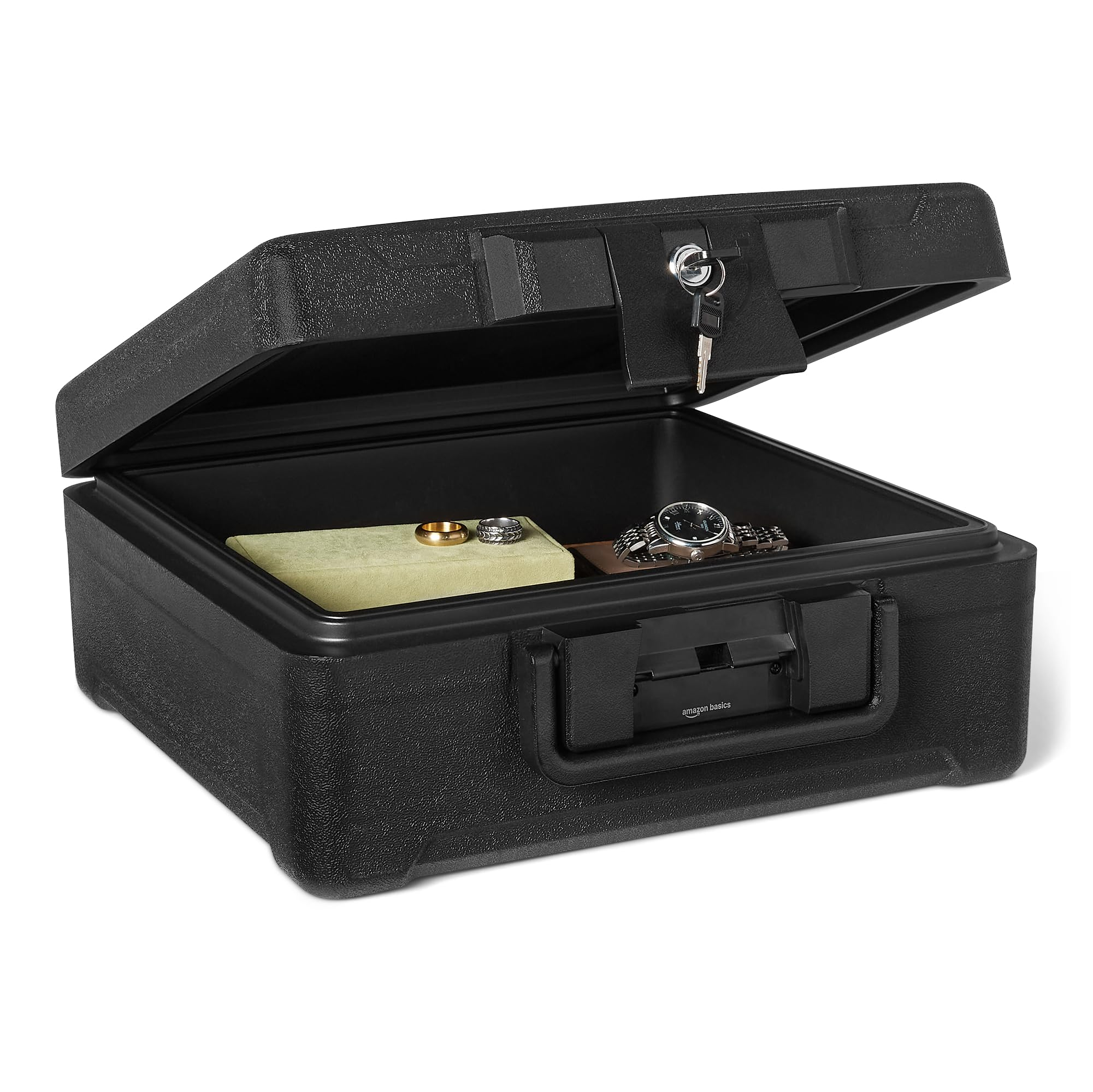 Amazon Basics Dokumentenkassette Feuer- und Wasserfest mit Schlüsselschloss, 11L Fassungsvermögen, UL 72 Klasse 350 zertifiziert, Schwarz für 63€ (-15%)