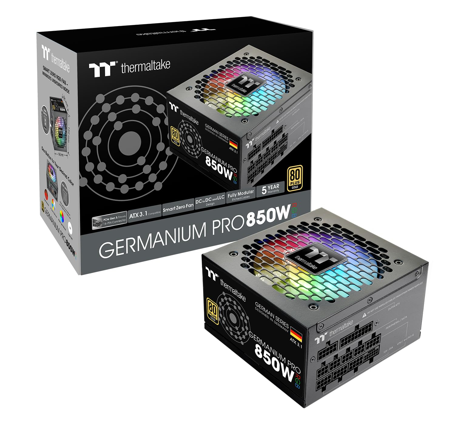 Thermaltake Germanium Pro RGB 850W ATX 3.1 Netzteil Gen 5.1 mit 12V-2×6 Connection, Ultra-Quiet Smart Zero Function, 80Plus Gold für 81€ (-28%)
