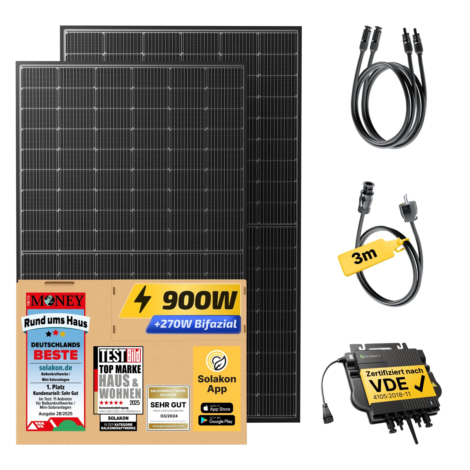 Solakon 900W Balkonkraftwerk / neuester 800 Watt Wechselrichter / 450W bifaziale Solarmodule inkl. Zubehör – 3m Kabel für 245€ (-18%)