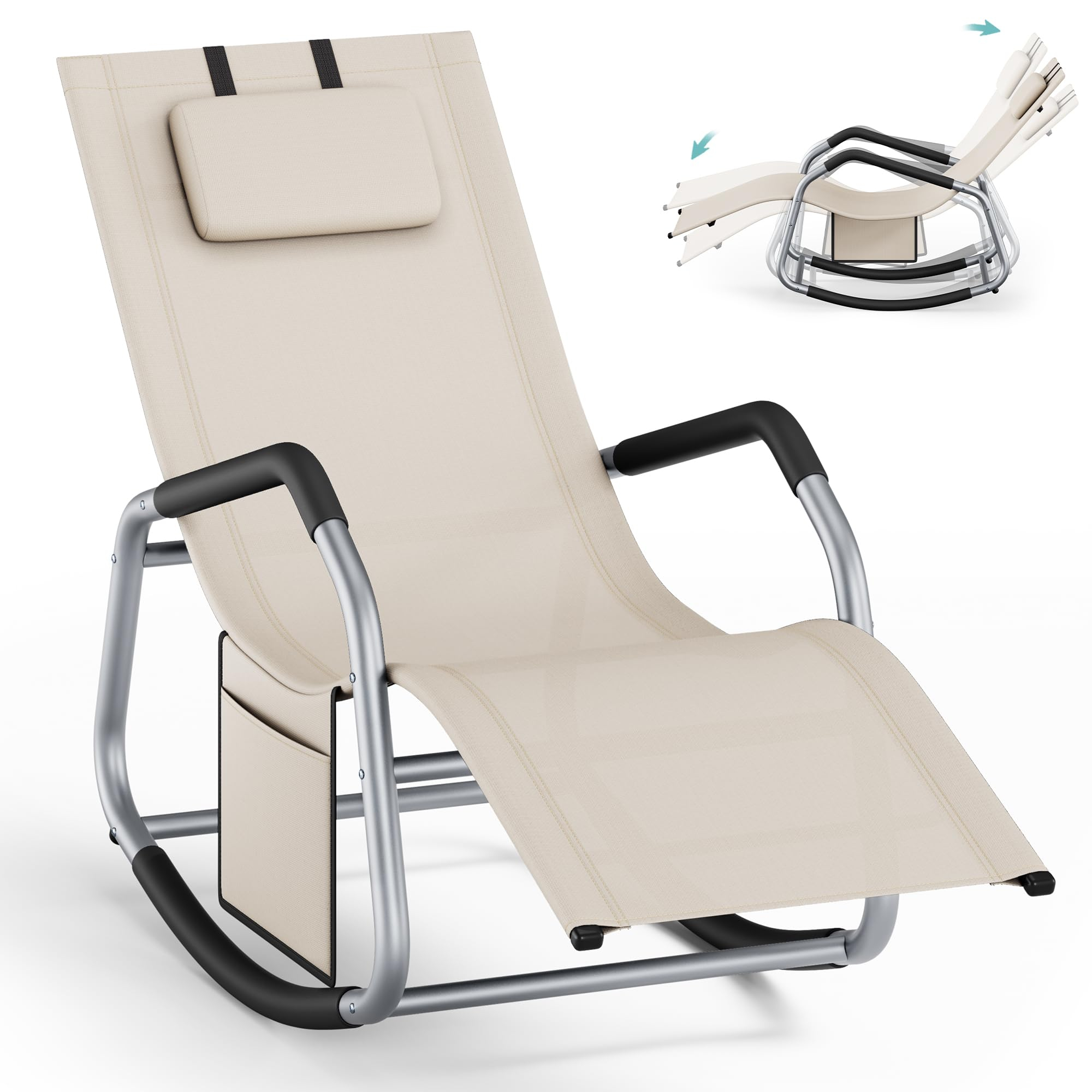 SONGMICS Schaukel Liege mit Stopper | Stahlrahmen, verstellbare Kopfstütze, Seitentasche, 151x56x97cm, bis 150kg, Beige o. Dunkelgrau für 38€ (-30%)