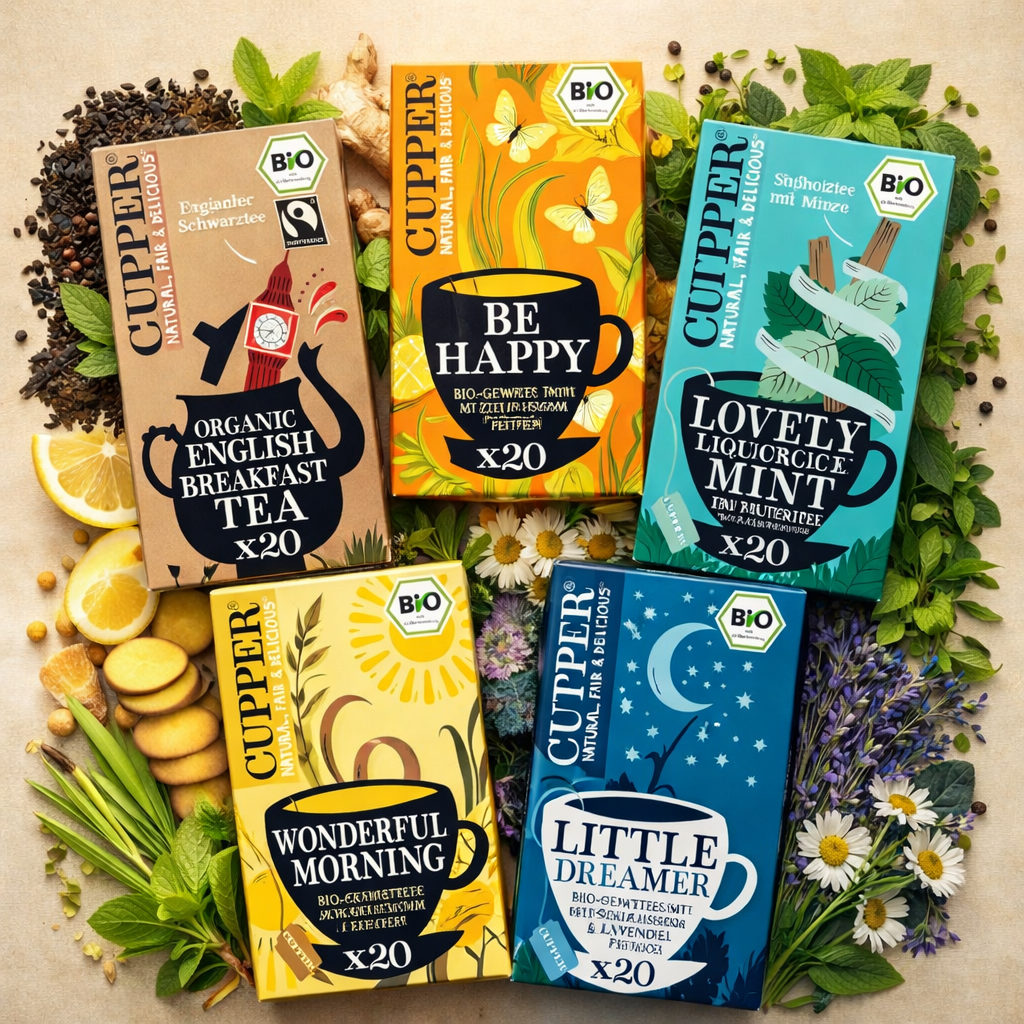 Cupper Gewürzteemischung Be Happy, Lovely Liquorice & Mint, Wonderful Morning, English Breakfast, Little Dreamer, 20 Stück ( Spar-Abo) für 2€ (-40%)