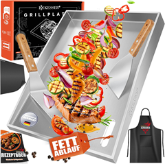 KESSER Grillplatte Plancha Set (Edelstahl, 40x30cm, inkl. 2 Spateln & Schürze) für 50€ (-21%)