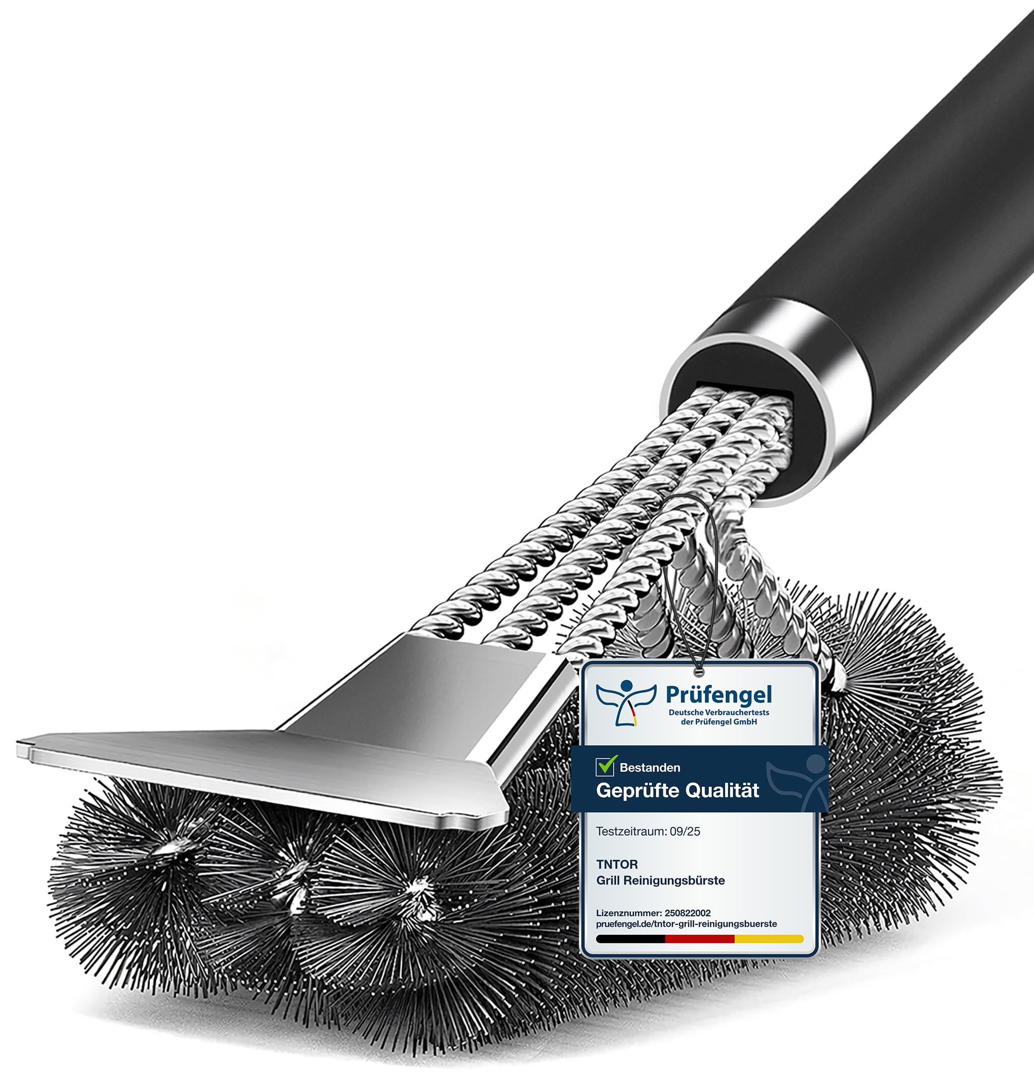TNTOR Grill Reinigungsbürste – Edelstahl Borsten, Edelstahl Spatel und PP Wärmedämmung Griff für 9€ (-28%)