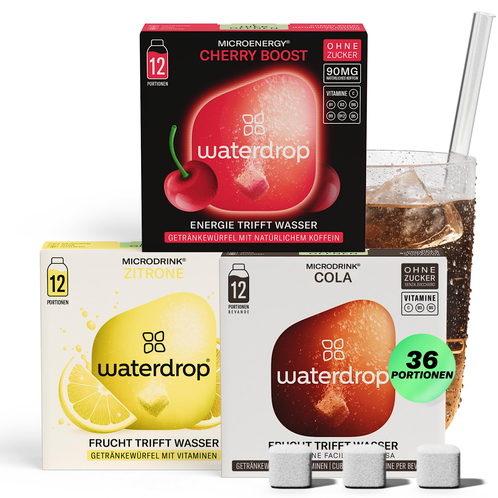 waterdrop Soda Set – 36 zuckerfreie Drops mit prickelndem Cola, Kirsch & Zitronen Geschmack für 15€ (-50%)