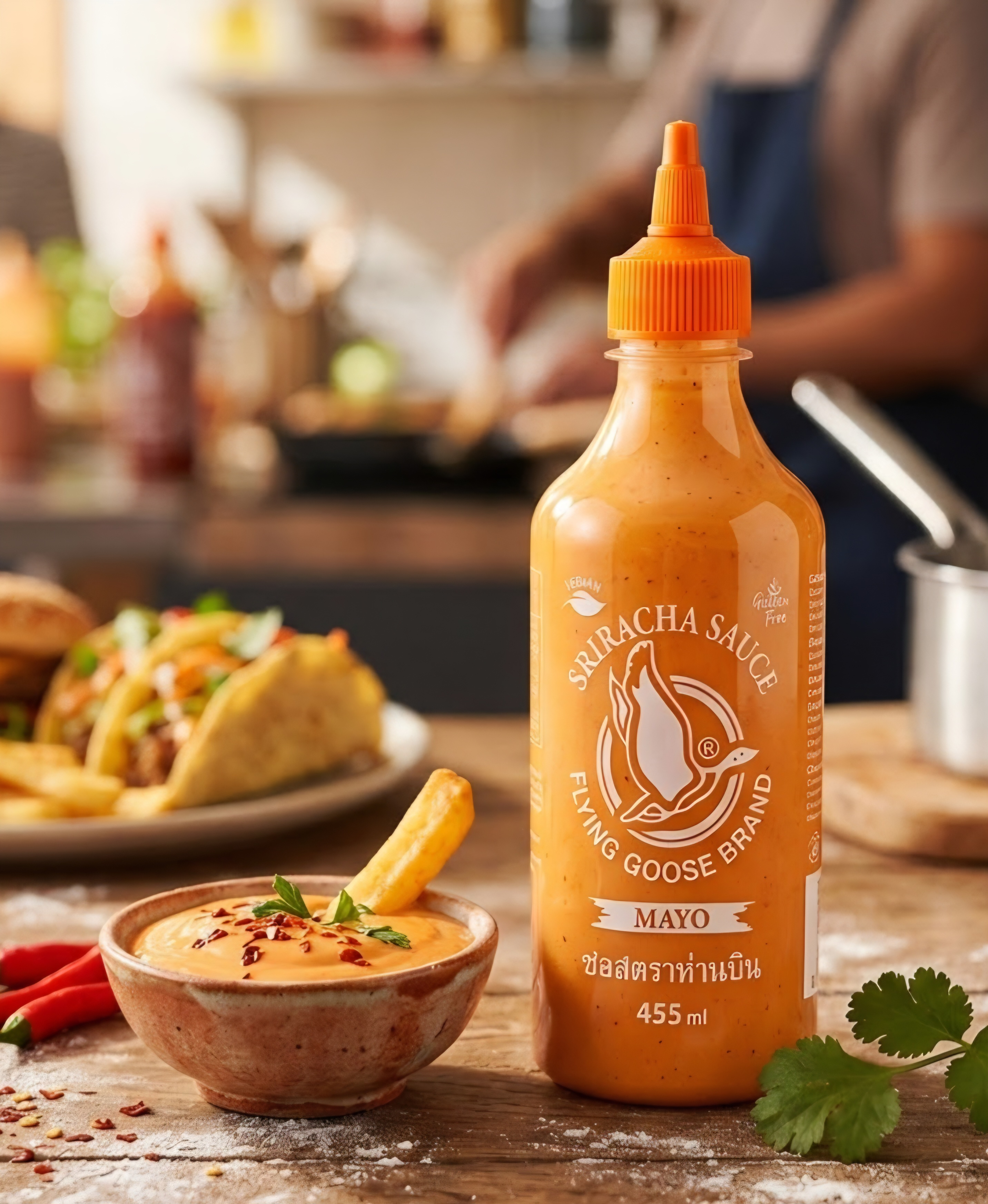 FLYING GOOSE Sriracha Mayoo Sauce, pikante Mayonnaise, leicht scharf, orange Kappe, Vegan, 455ml für 4€ (-33%)