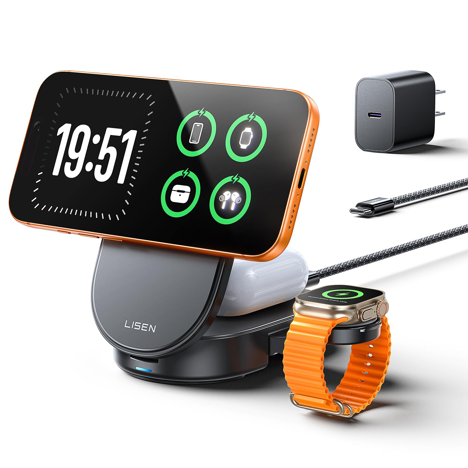 LISEN 25W Qi2.2 MagSafe Ladestation für Apple Watch, AirPods und iPhone mit 45W Netzteil für 20€ (-60%)