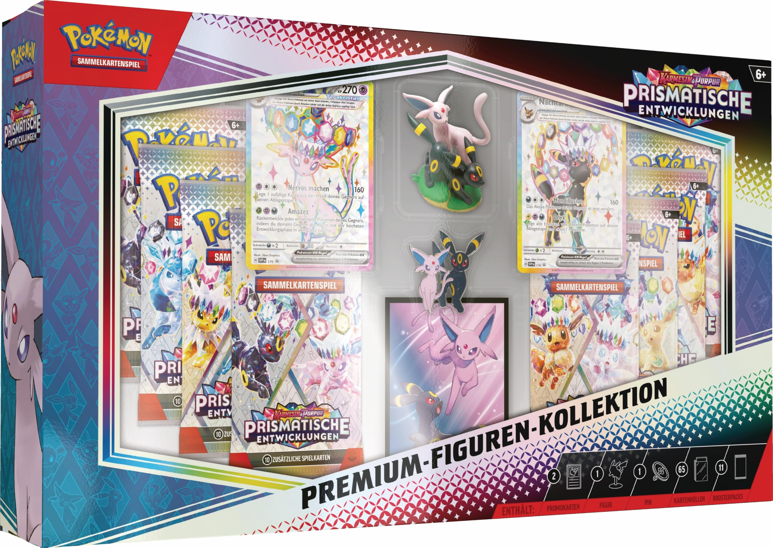 Pokémon Premium-Figuren-Kollektion Karmesin & Purpur – Prismatische Entwicklungen (2 holografische Promokarten, 11 Boosterpacks) (Einladung)