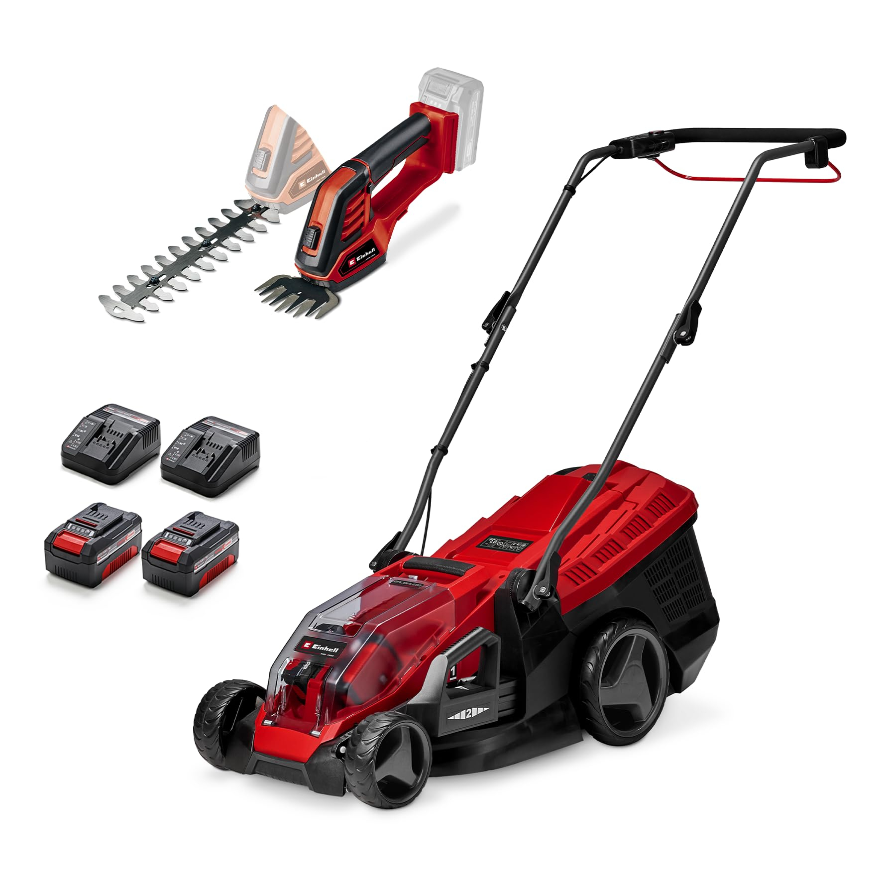 Einhell Akku-Gartengeräte Kit mit Akku-Rasenmäher GE-CM 36/36 Li K 36 V inkl. 4,0 Ah + 2x Ladegerät & Gras- und Strauchschere GE-CG 18/100 für 256€ (-18%)