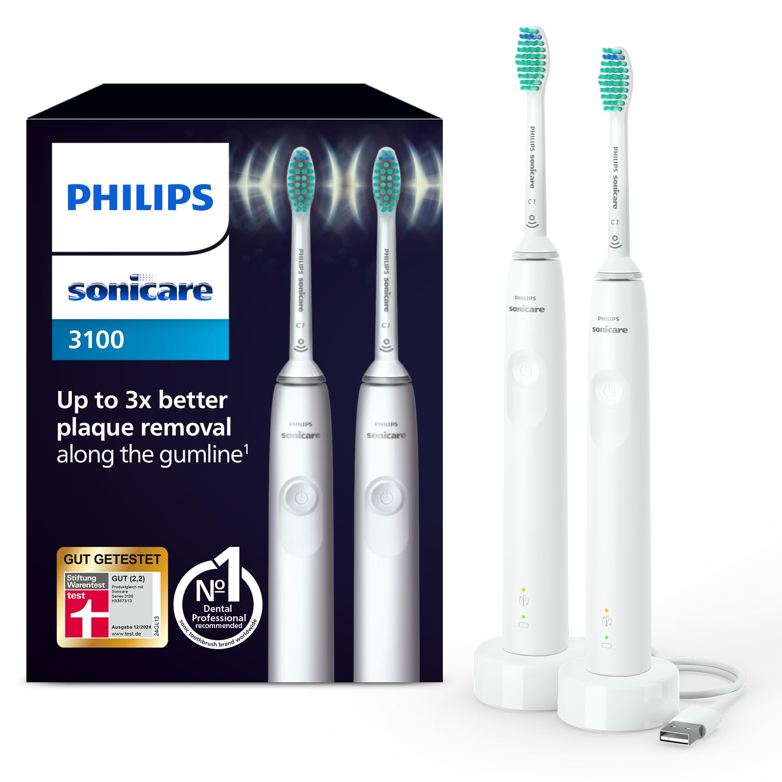 Philips Sonicare 3100 elektrische Zahnbürste, Schallzahnbürste, Andruckkontrolle und Timer, Weiß, Zweierpack, Modell HX3675/13 für 48€ (-34%)