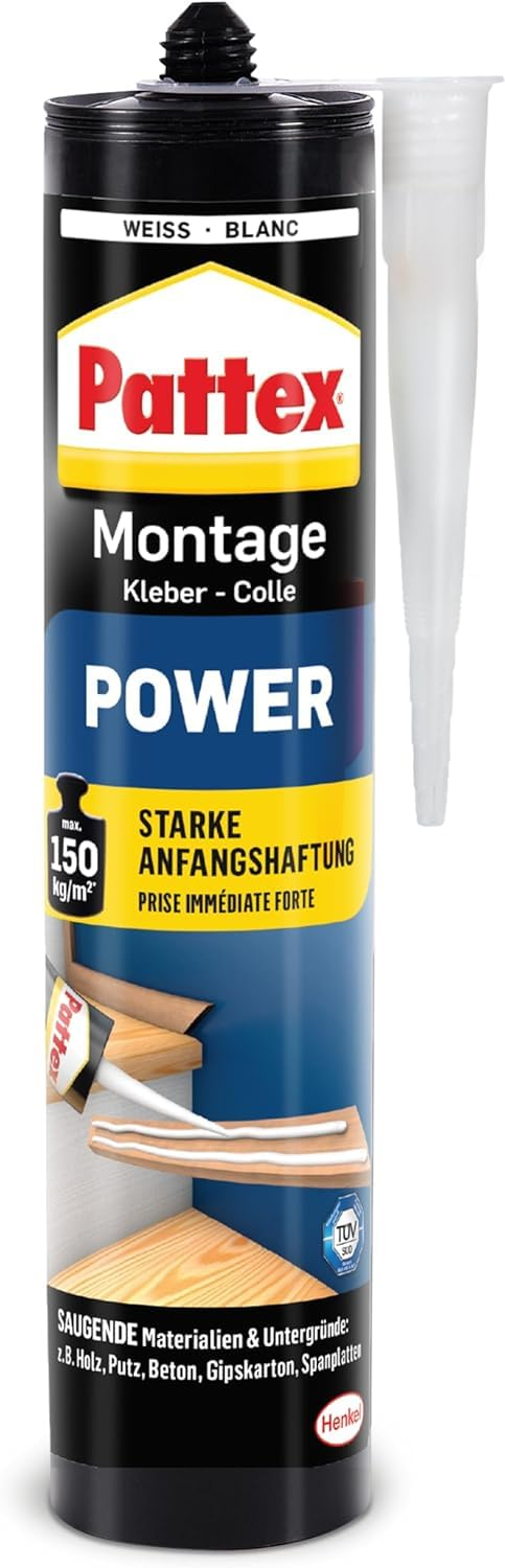 Pattex Montagekleber Power, Baukleber mit starker Anfangshaftung, Kleber für innen & außen, 1 x 370g ( Spar Abo) für 4€ (-38%)