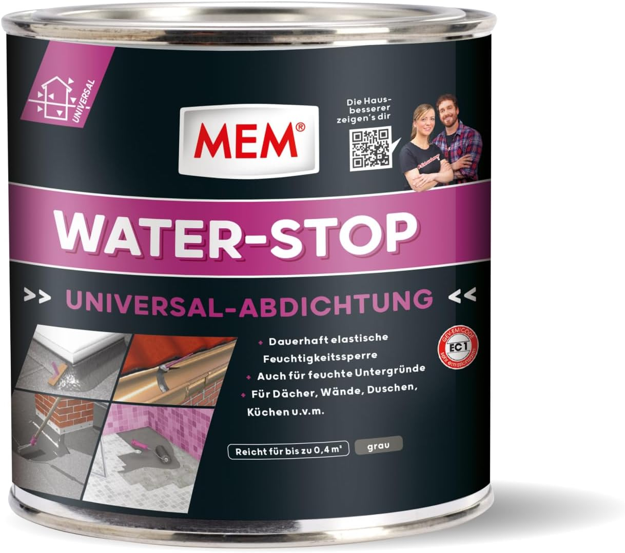 MEM Water Stop Abdichtungsmasse, Universalabdichtung & Feuchtigkeitssperre für innen & außen, Sofort dichtend, Grau, 1 kg „Eimer“ für 12€ (-30%)