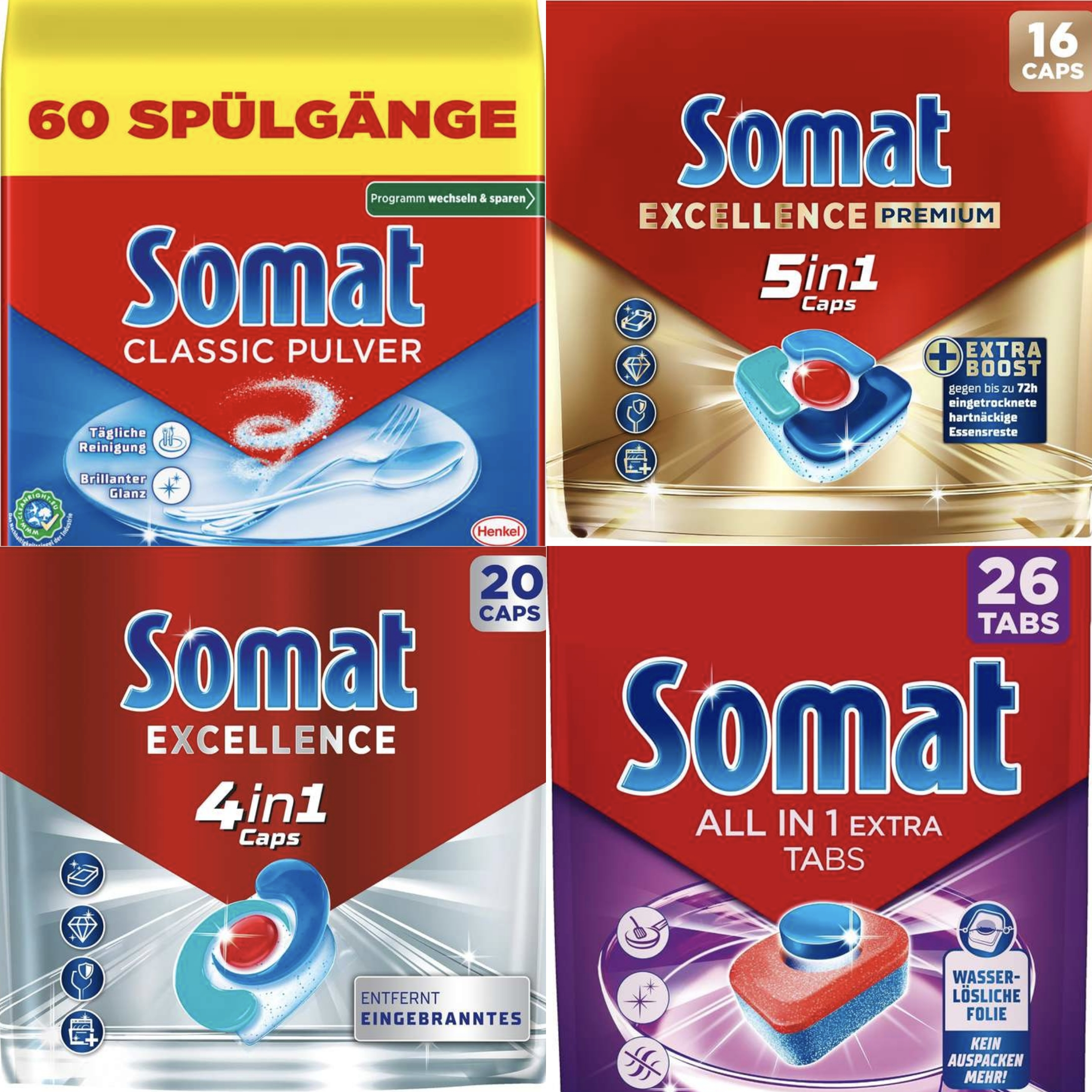 Somat Classic Spülmaschinenpulver (~60 Spülgänge) • Excellence Premium 5in1 16 Caps • 4in1 20 Caps • All in 1 Extra (Spar-Abo ) für 3€ (-36%)