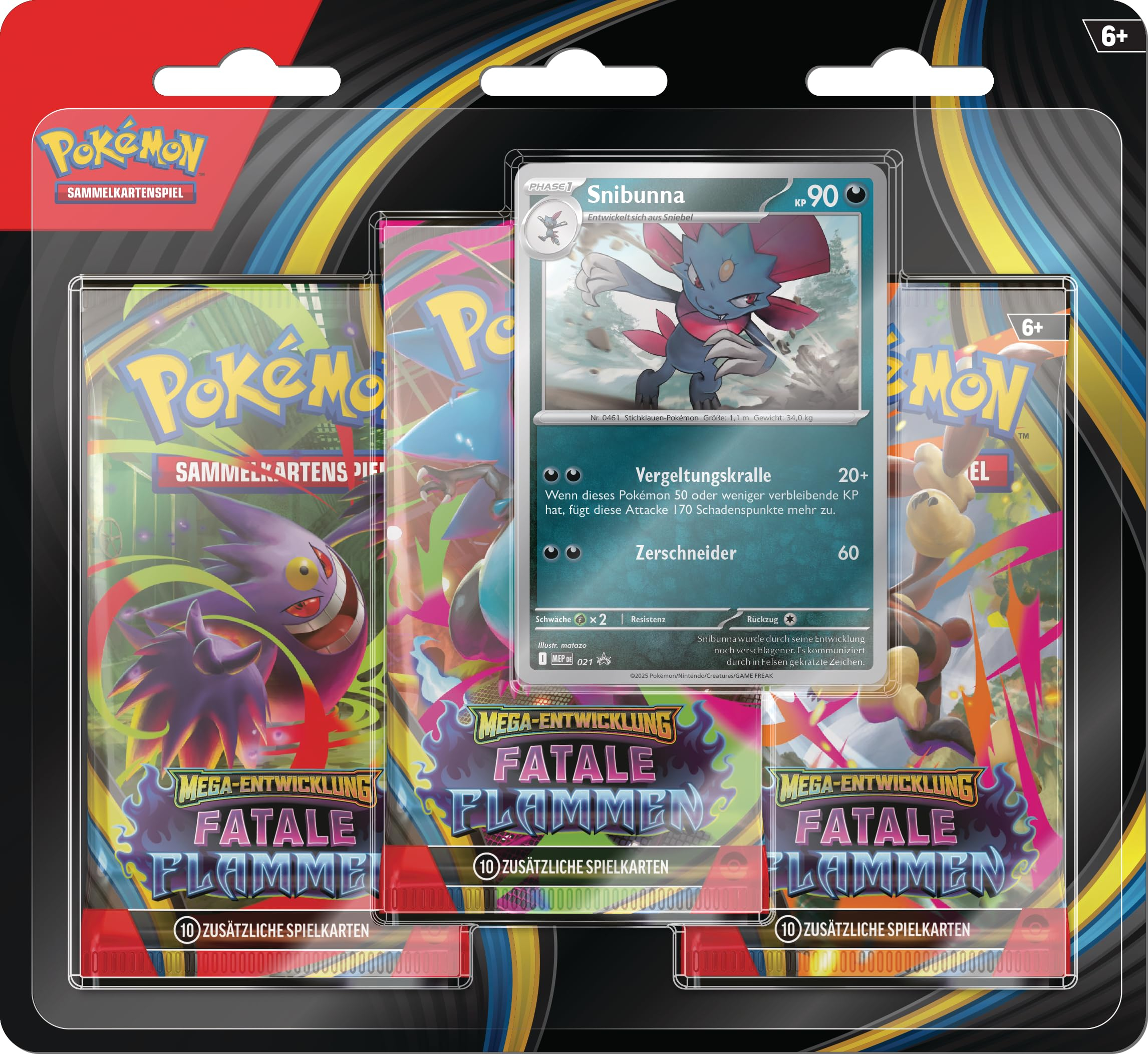 Pokémon-Sammelkartenspiel: 3er-Pack Mega-Entwicklung – Fatale Flammen: Snibunna (1 holografische Promokarte & 3 Boosterpacks) (Einladung)