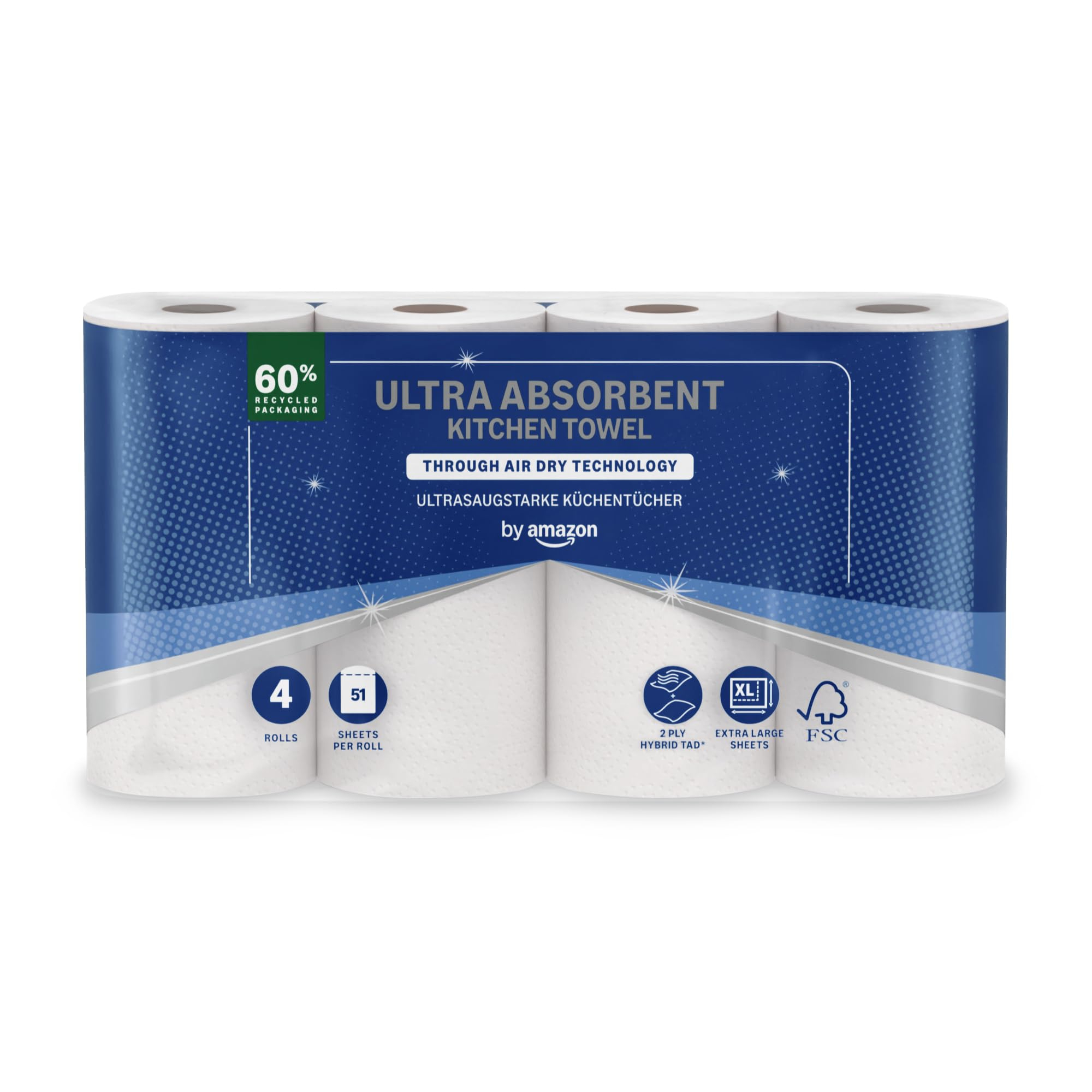 Amazon Ultrasaugfähige TAD Küchenrolle, 4 Rollen (1er-Pack), 51 Blatt pro Rolle, Amazon Abo Preis für 2€ (-37%)