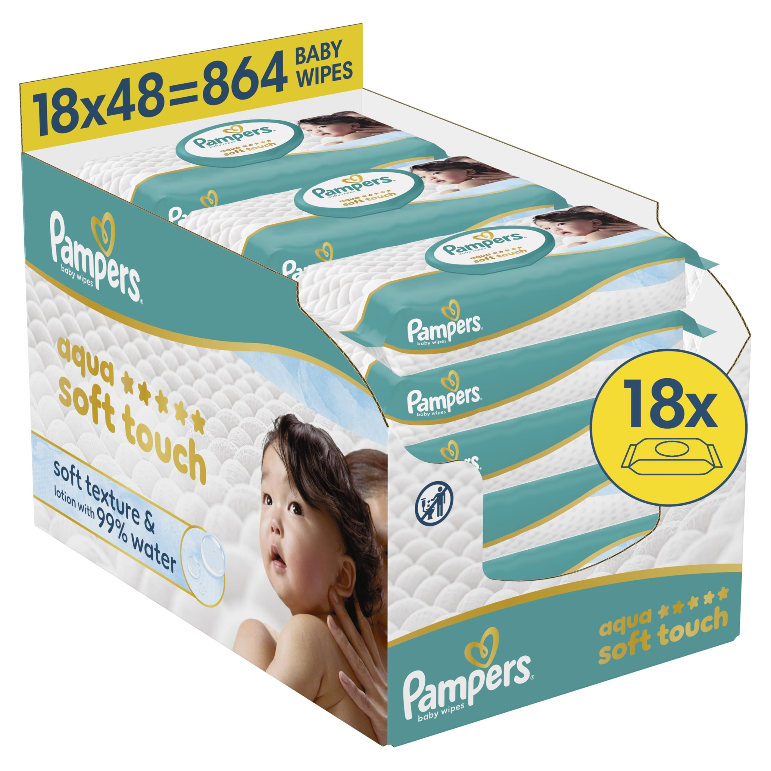Pampers Aqua Soft Touch Baby-Feuchttücher, 18 Packungen mit 48 Feuchttüchern für 20€ (-24%)