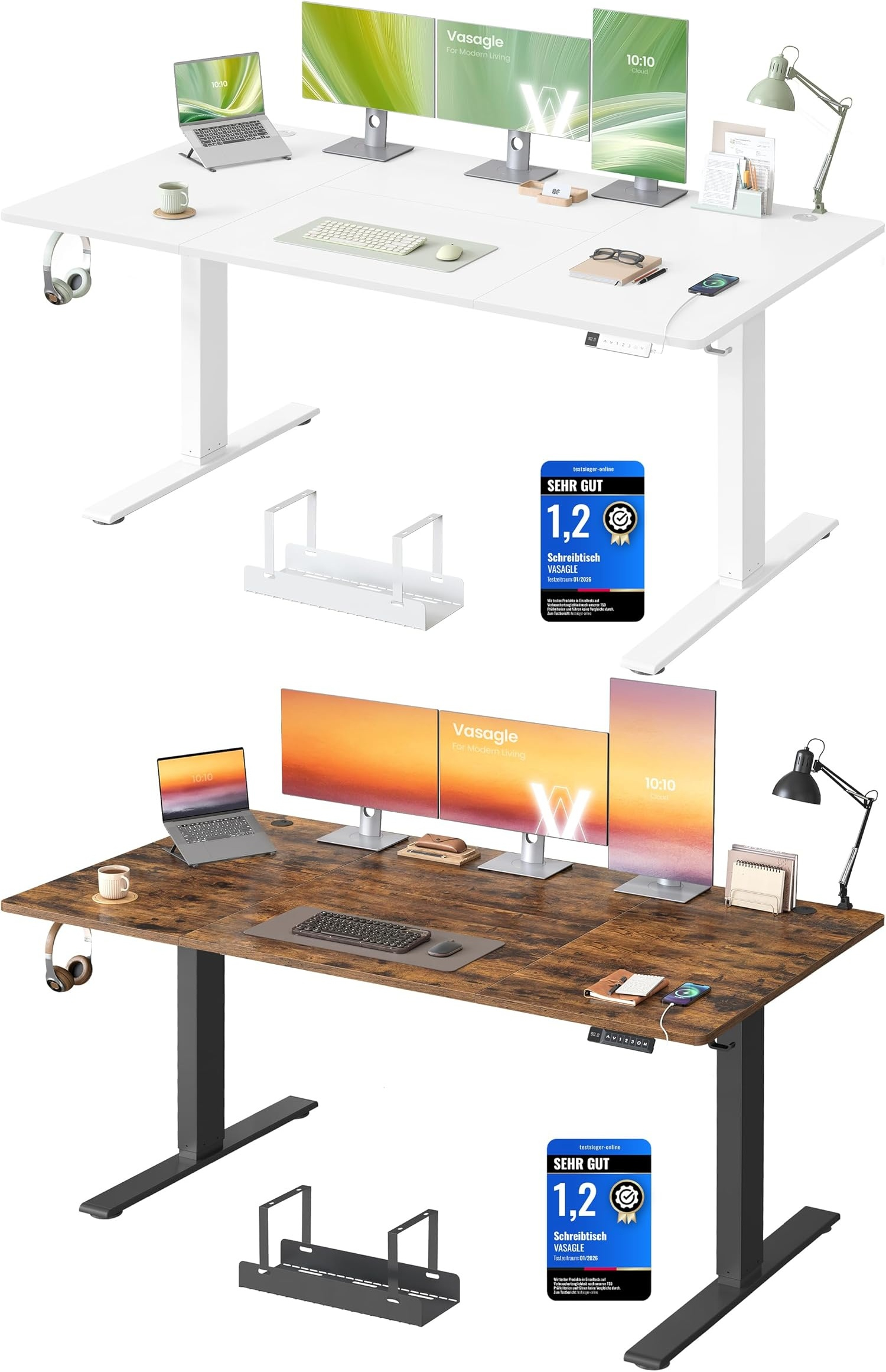 VASAGLE Höhenverstellbarer Schreibtisch 180×80cm (72–120 cm), USB‑C (20W), 3 Memory, bis 80 kg | Weiß 108,79€ / Vintagebraun 109,89€ für 109€ (-24%)
