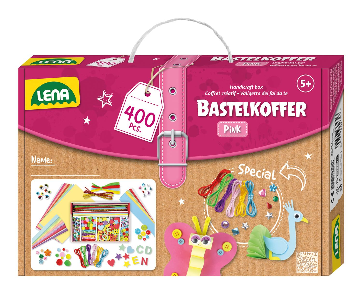 Lena Bastelkoffer mit 400 Teilen, Papier, Moosgummi, Pfeifenreiniger, Strasssteine, Wackelaugen, Pompons und Knöpfe, Pink & Lila für 9€ (-38%)