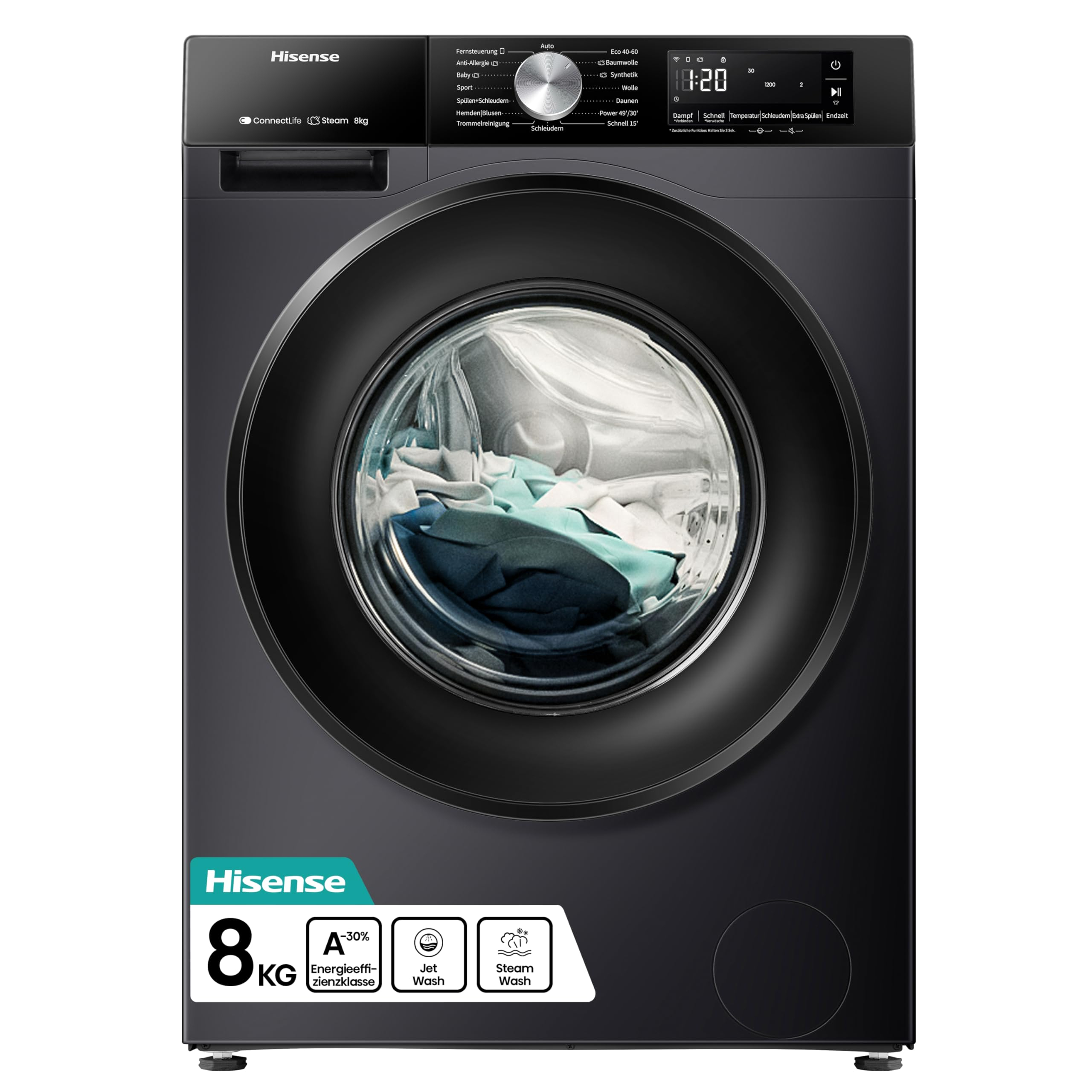 Hisense WF3S8043BB3 Waschmachine mit Dampffunkunktion, 8 kg, 1400 U/min, WIFI für 336€ (-21%)