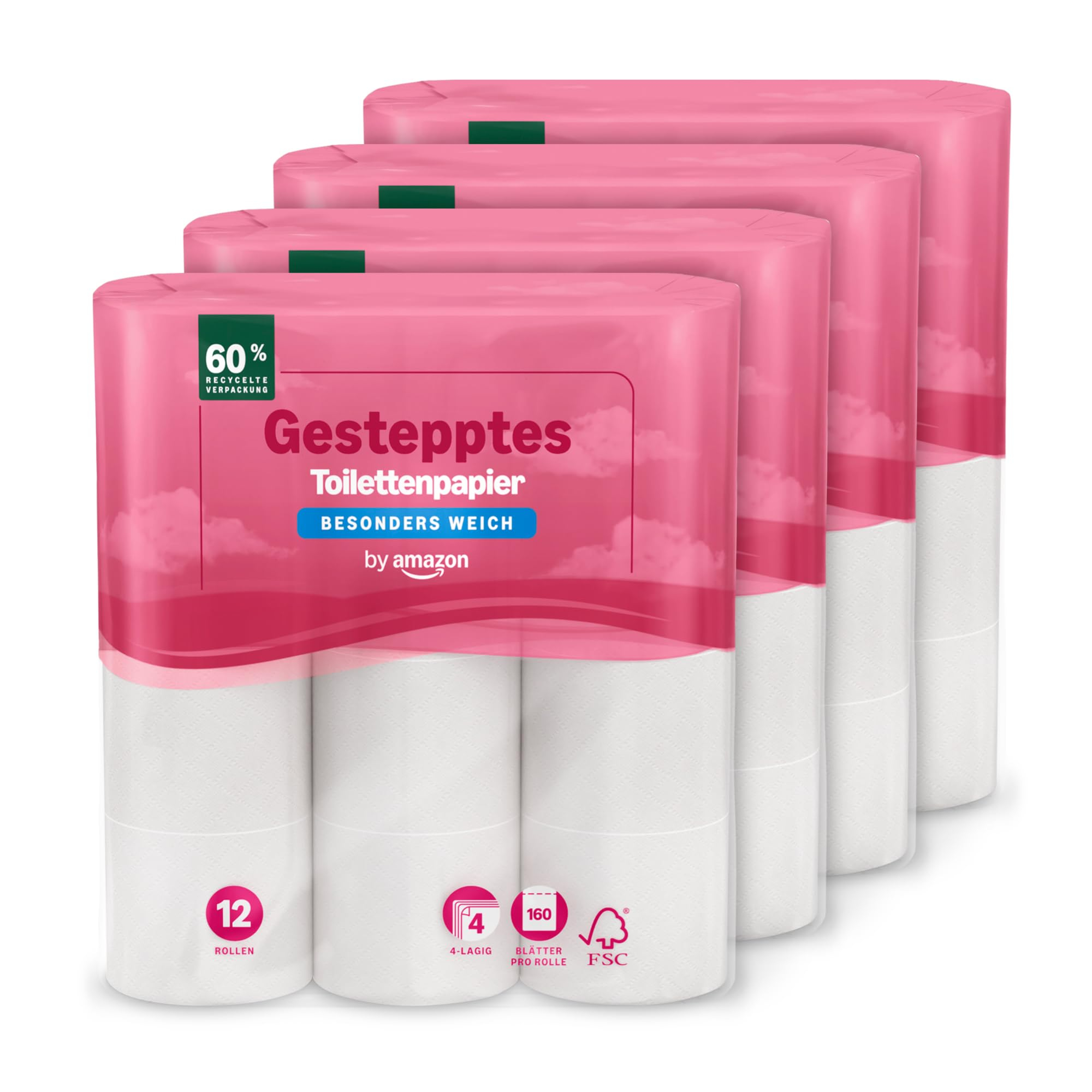 Amazon Toilettenpapier, 4-lagig Gestepptes, Besonders Weich, 48 Rollen (12 Rollen, 4-er Pack), 160 Blätter pro Rolle, FSC-Zertifiziert für 16€ (-28%)