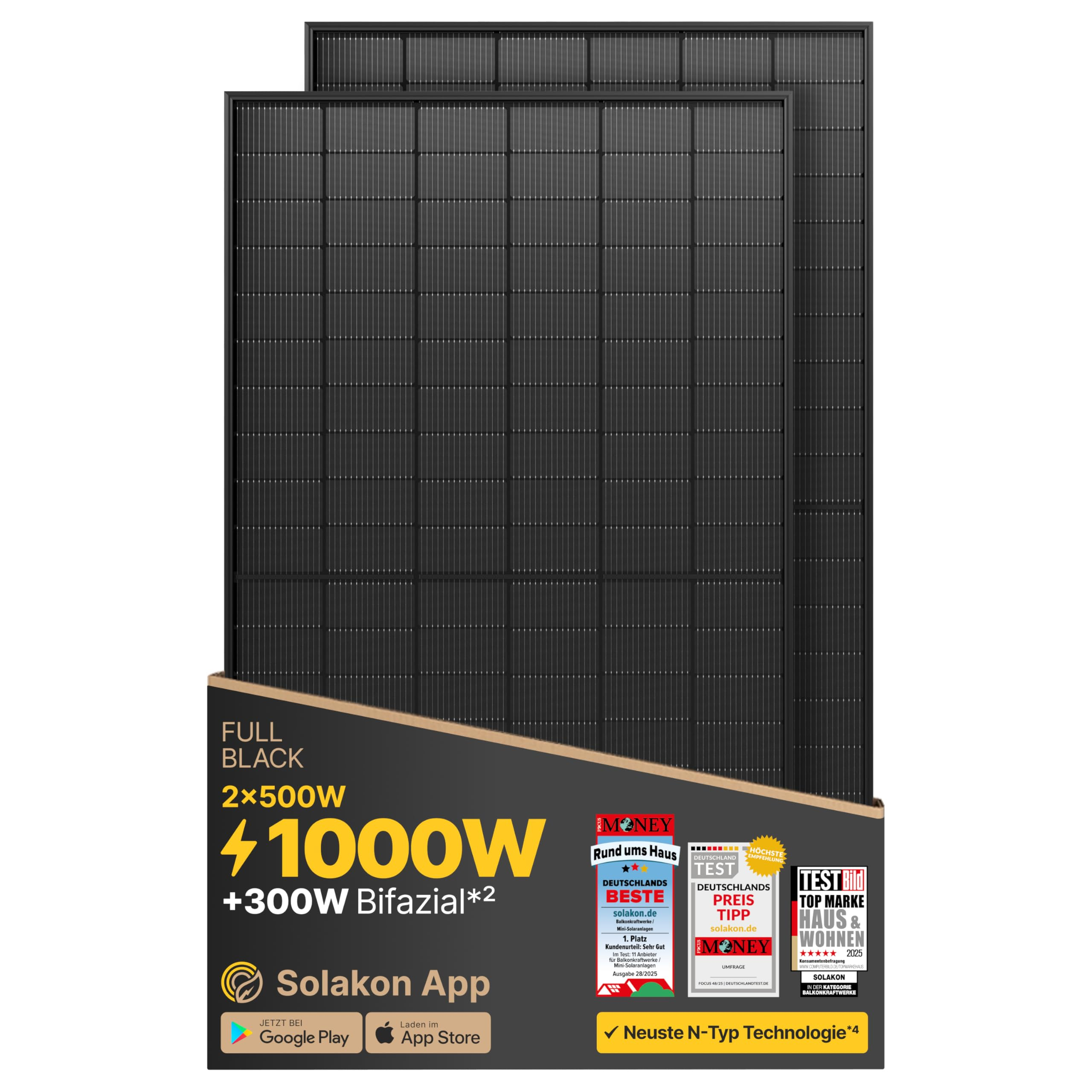 2x Solakon JA Solarpanel 500W, Bifazial Glas-Glas N-Type Solarmodul, 40v Full Black Solarmodule ,,Versandkostenfrei‘‘ Balkonkraftwerk für 178€ (-15%)