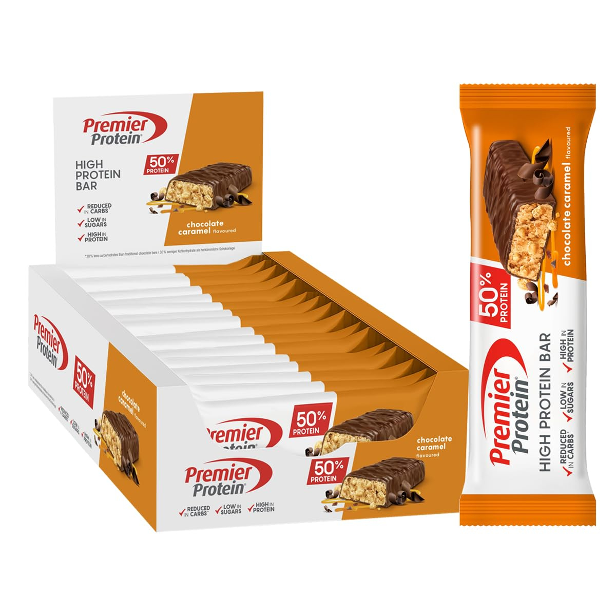 Premier Protein – High Protein Bar 50% – Chocolate Caramel – 16x40g – Low Sugar Sparabo für 12€ (-43%)