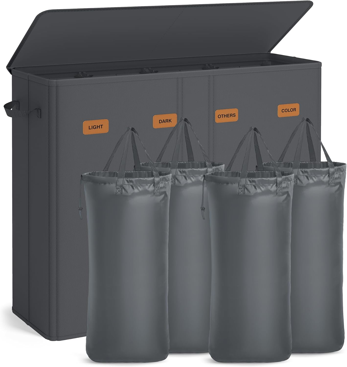 Songmics Wäschekorb mit 4 Fächern | 210L | herausnehmbarer und waschbarer Innensack | mit Deckel u 5 Etiketten | dunkelgrau | gratis Versand für 19€ (-38%)