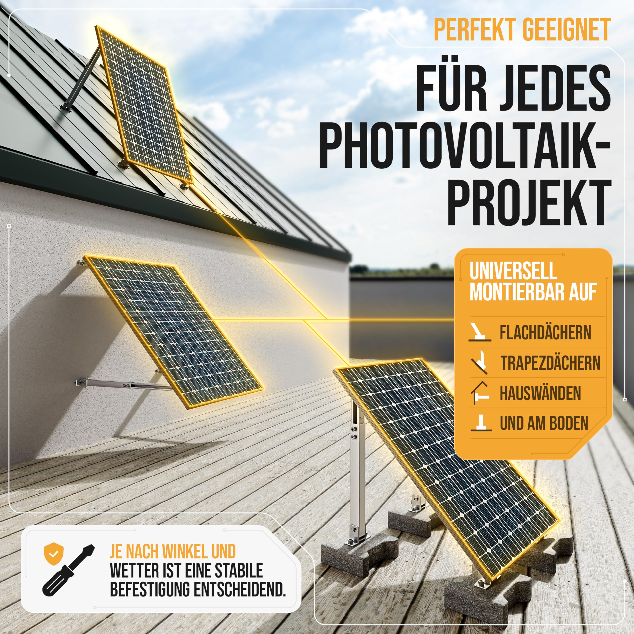Balkonkraftwerk Halterungen für 2 Panelen, Wand & Flachdach Montage verstellbar für 34€ (-15%)