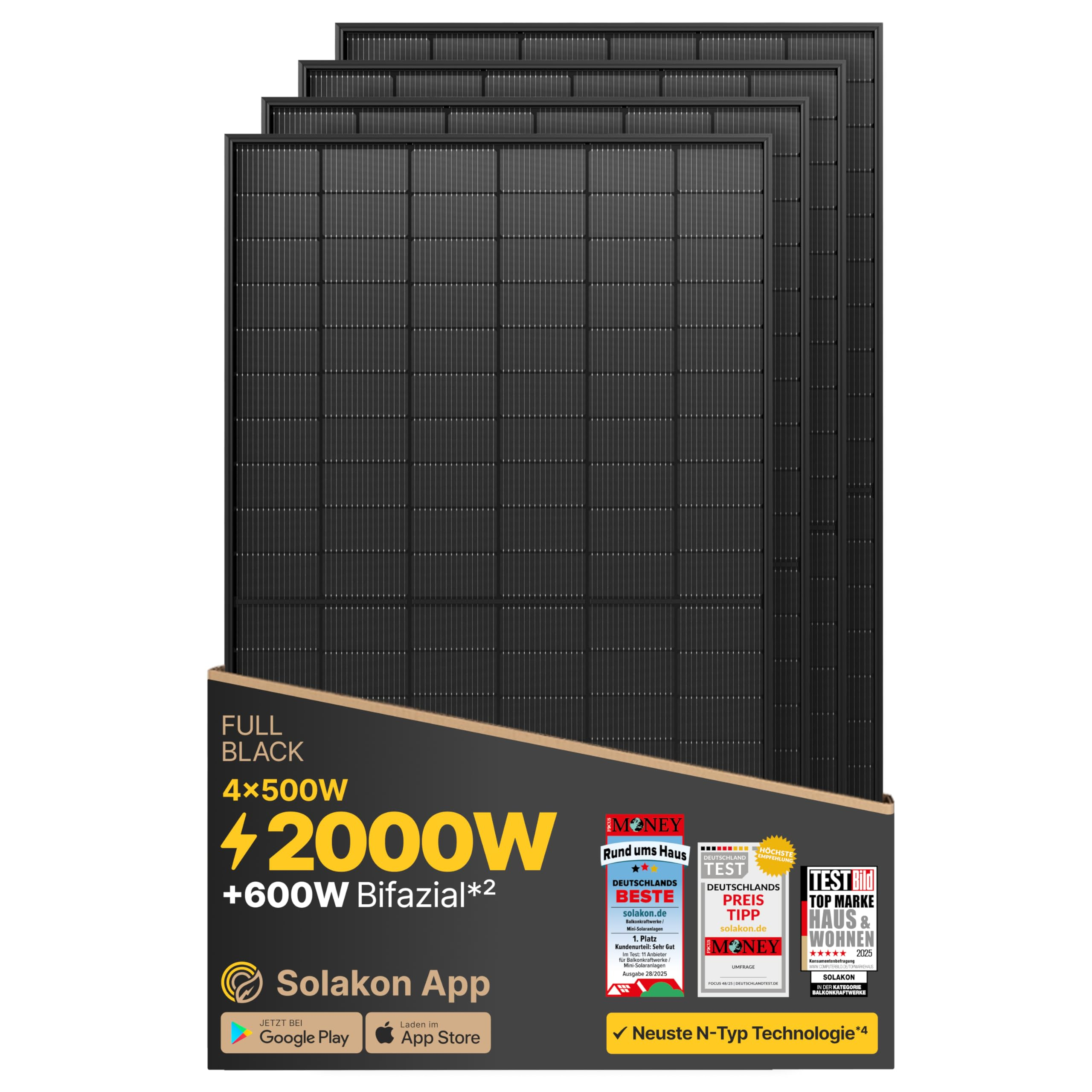 500W Bifazial Solarpanel 4 Module 84,79€/Stk gratis Versand für 339€ (-15%)