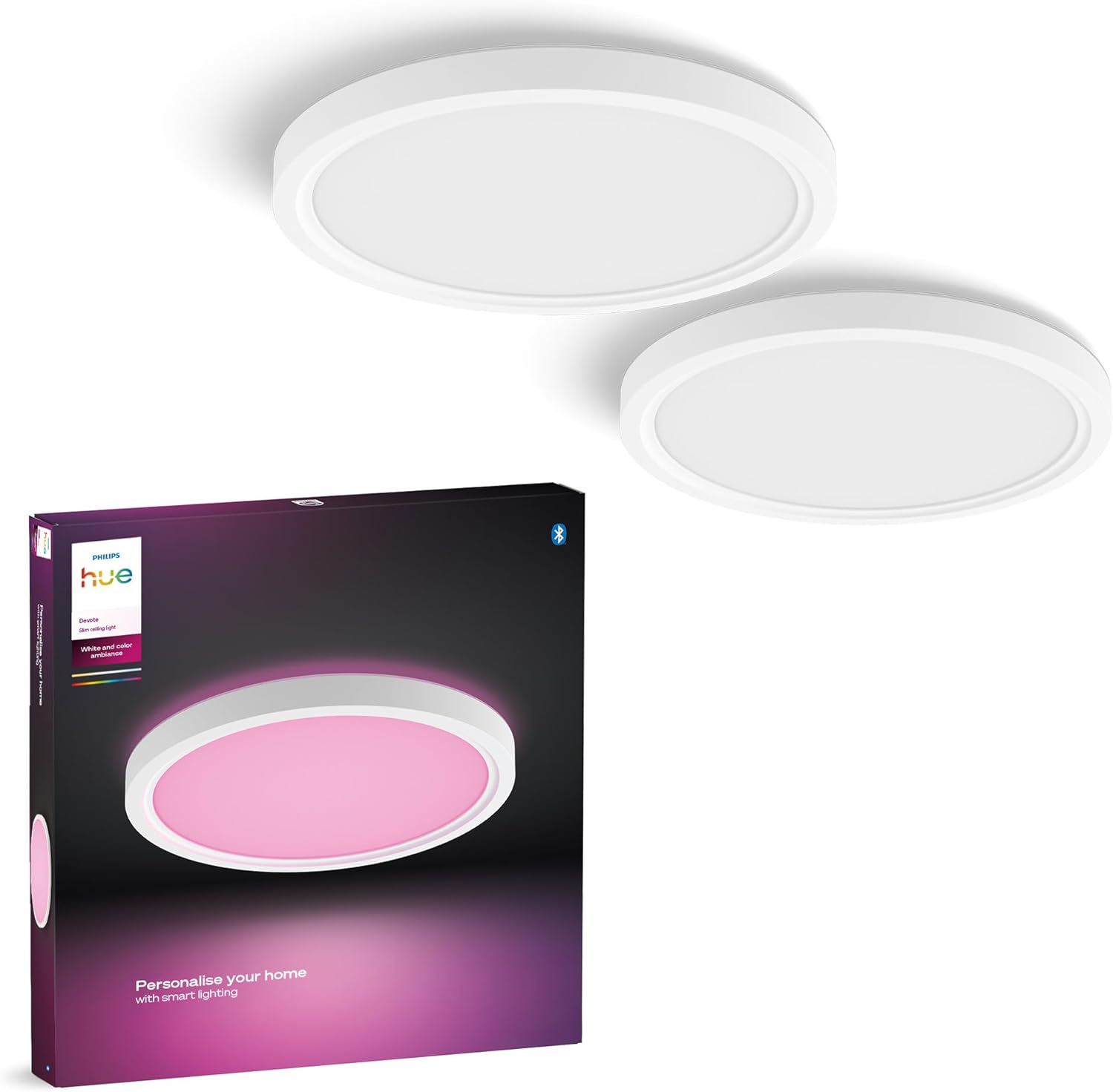 2x Philips Hue DEVOTE S Smarte Deckenlampe Ø 30cm 1 = 64€ – 2000 Lumen (leuchtet wie 125W) Licht Weiß & Color Rundes LED-Panel Bluetooth App für 128€ (-15%)